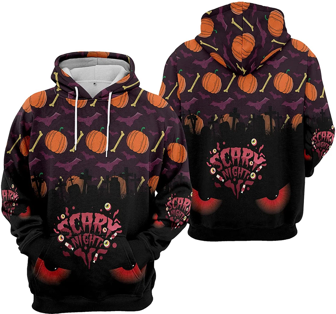 Scary Night Devil Eyes Cemetery Bat Cat Pumpkin Halloween - 3D Printed Pullover Hoodie