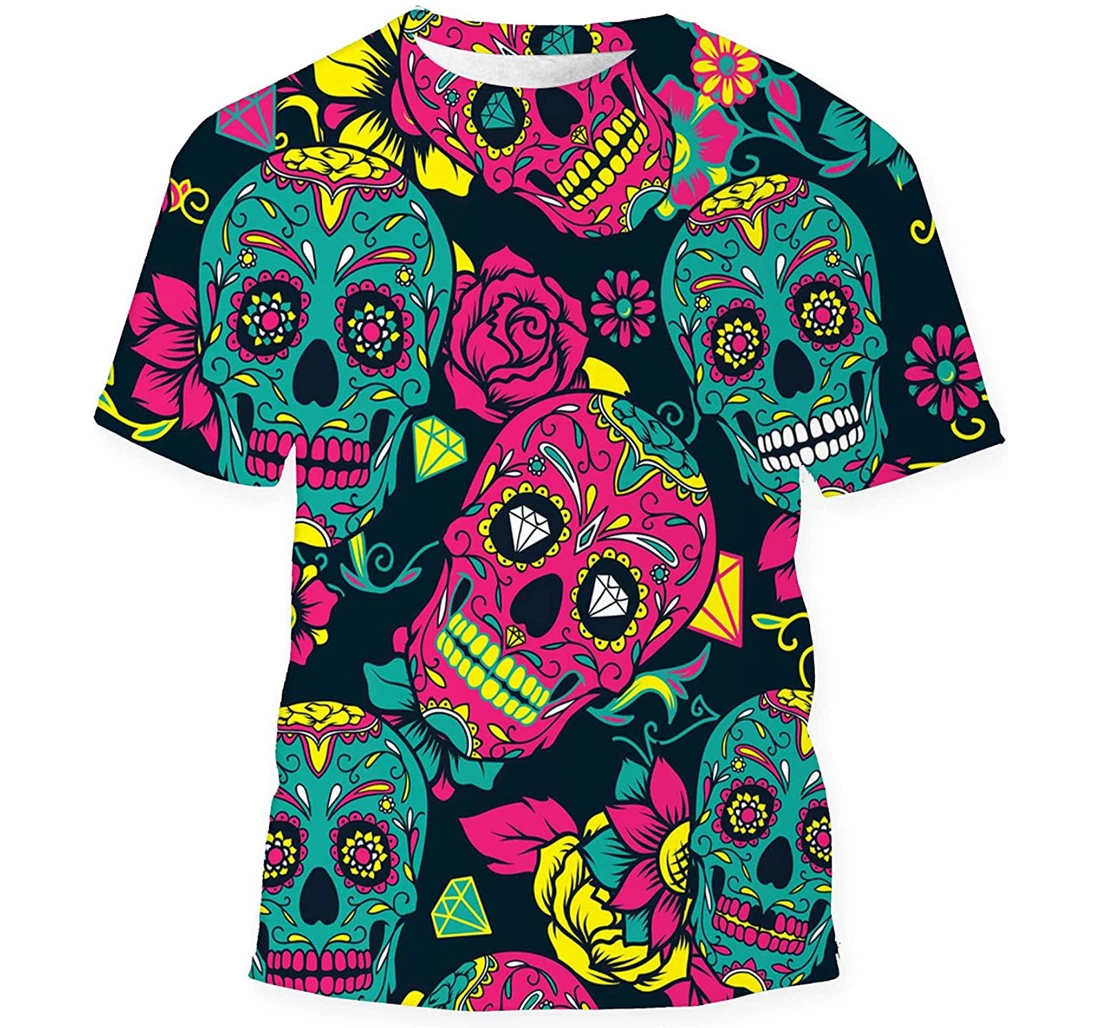 Day Dead Colorful Sugar Skull Floral - 3D Printed T-shirt, Long Sleeves Shirt