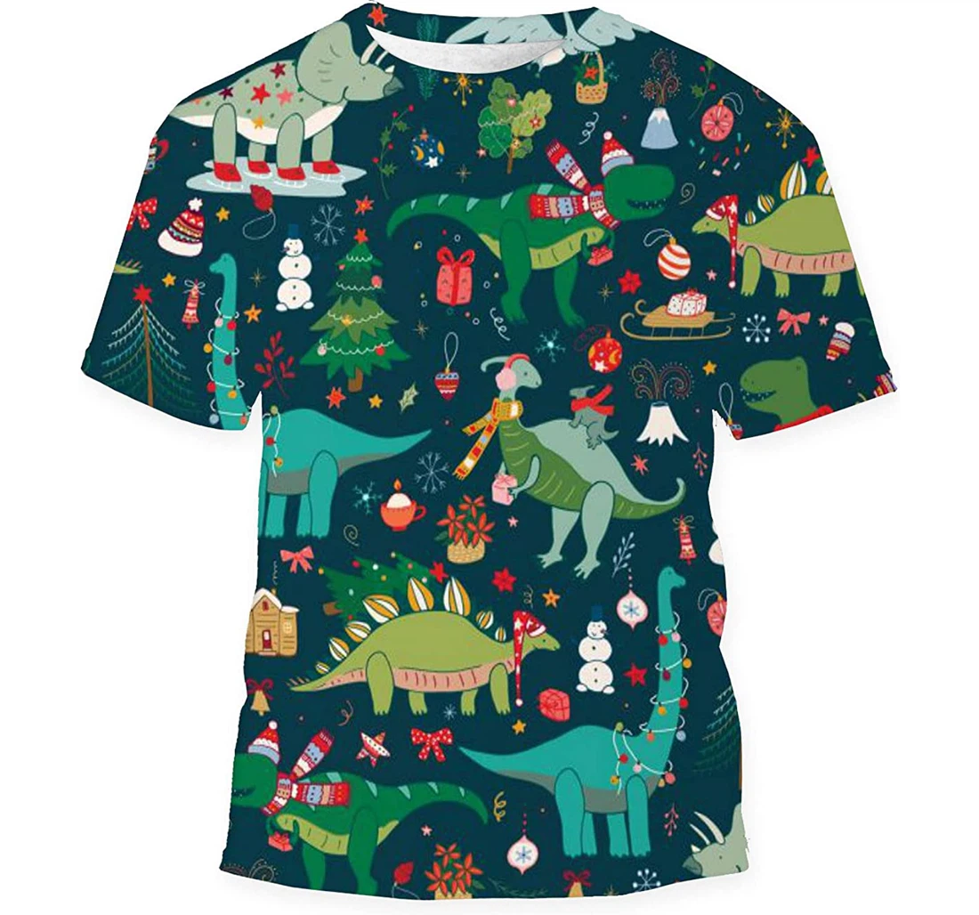 Dinosaur Christmas Happy New Year Doodle - 3D Printed T-shirt, Long Sleeves Shirt