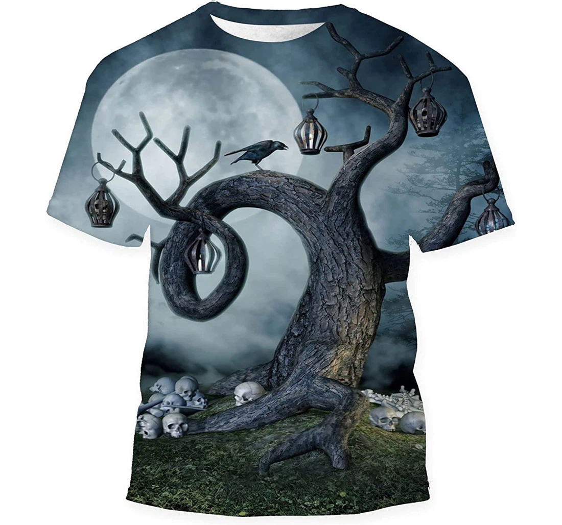 Night Scenery Tree Lamps Skulls Raven - 3D Printed T-shirt, Long Sleeves Shirt