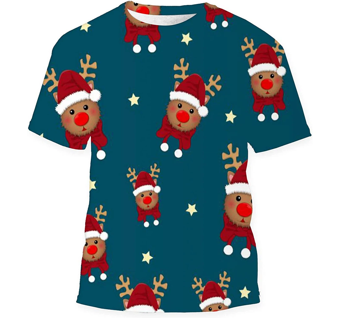 Reindeer Santa Red Scarf On Indigo - 3D Printed T-shirt, Long Sleeves Shirt