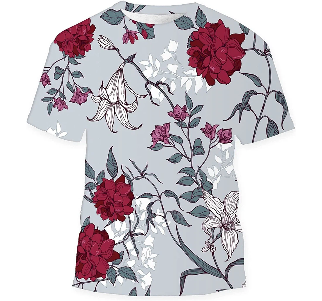 Roses Lilies Leaves Floral On - 3D Printed T-shirt, Long Sleeves Shirt