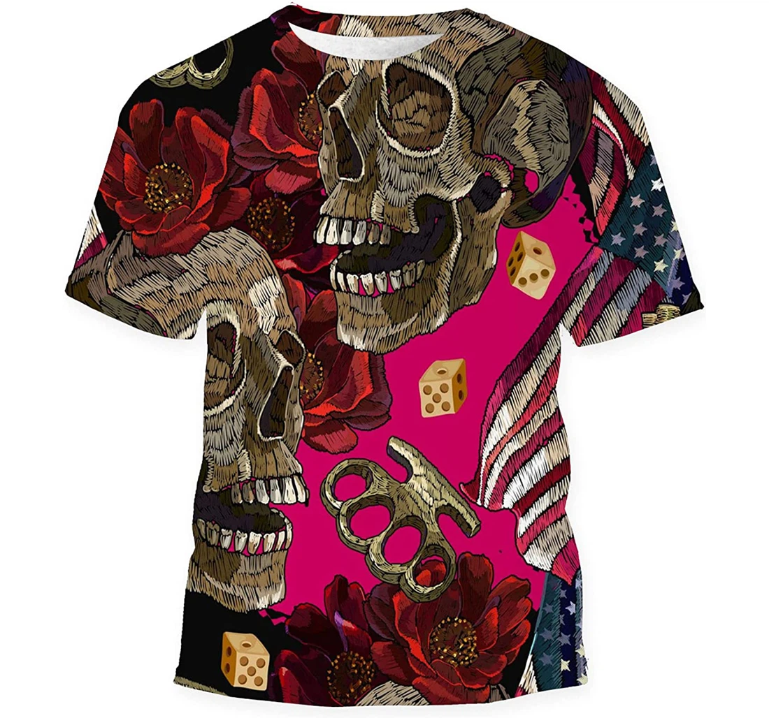 Embroidery Skulls Roses Flowers Brass Knuckles - 3D Printed T-shirt, Long Sleeves Shirt