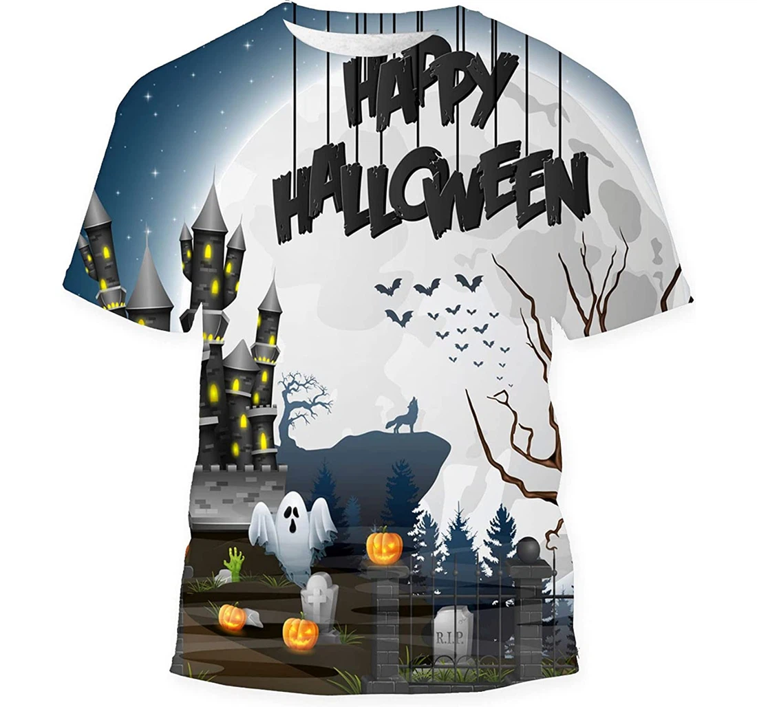 Halloween Background Graveyard Castle - 3D Printed T-shirt, Long Sleeves Shirt