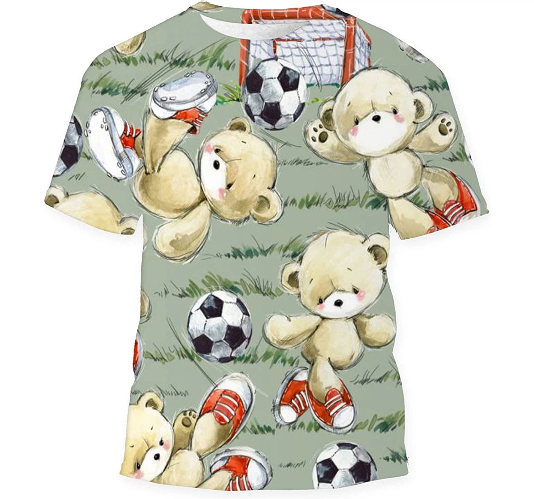 Cute Teddy Bear Play Football Watercolor - 3D Printed T-shirt, Long Sleeves Shirt