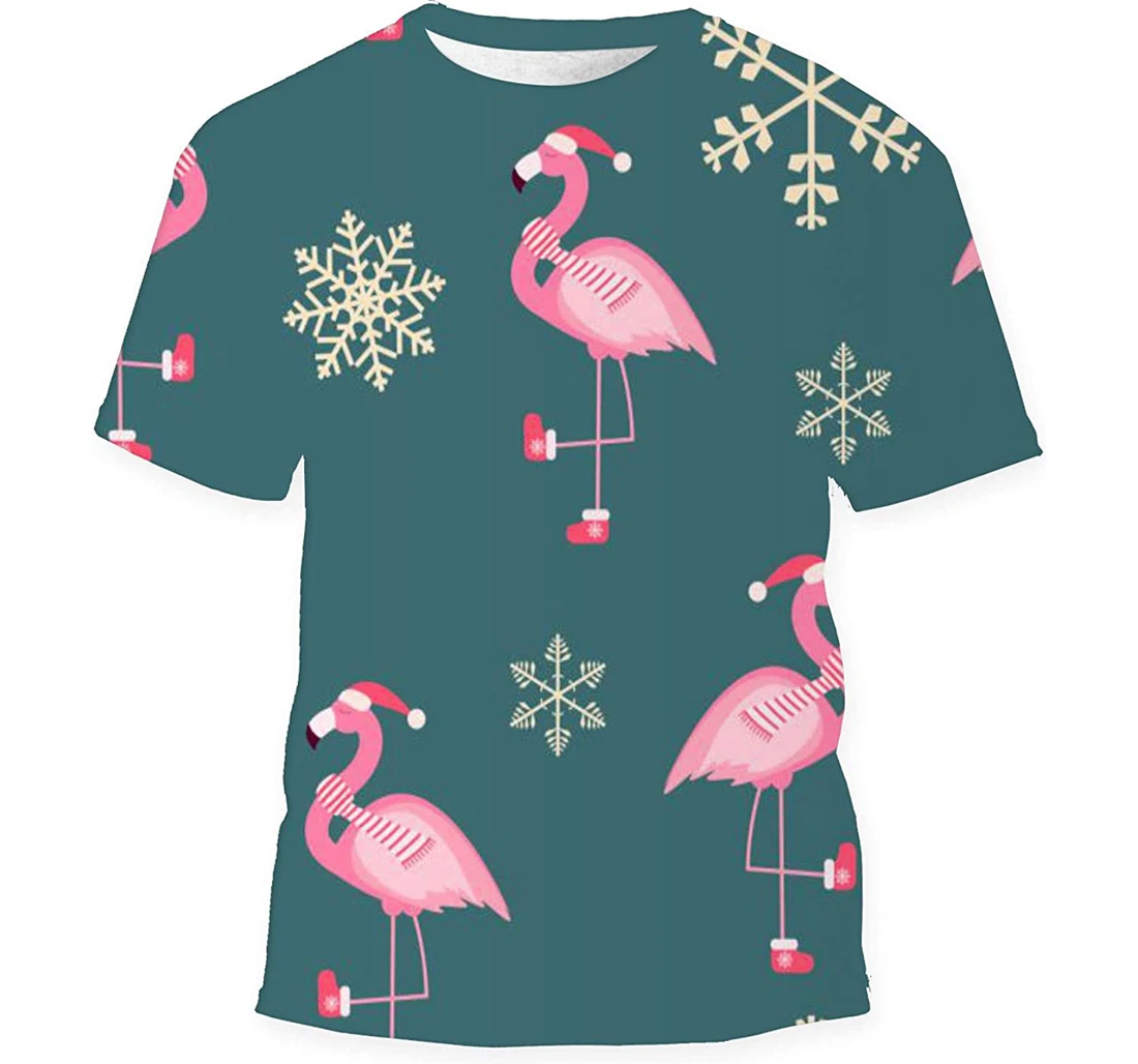 Cute Pink Flamingo New Year Christmas - 3D Printed T-shirt, Long Sleeves Shirt