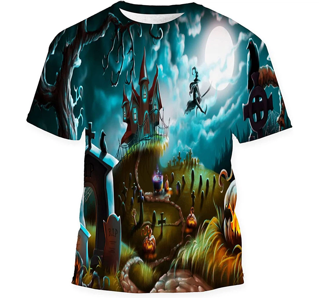 Halloween Night Mystery Graveyard Background - 3D Printed T-shirt, Long Sleeves Shirt