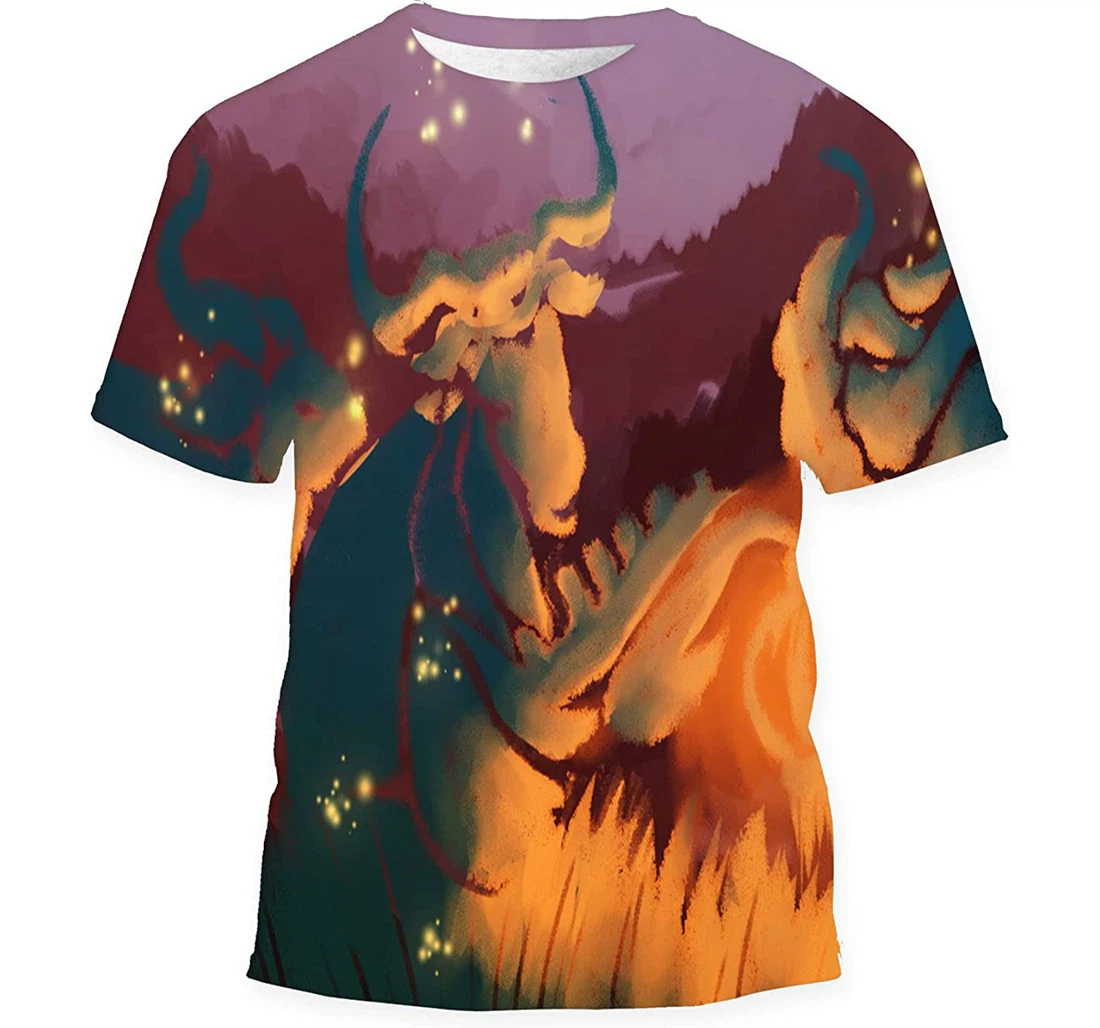 Red Mountainous Background Water Buffaloes One - 3D Printed T-shirt, Long Sleeves Shirt