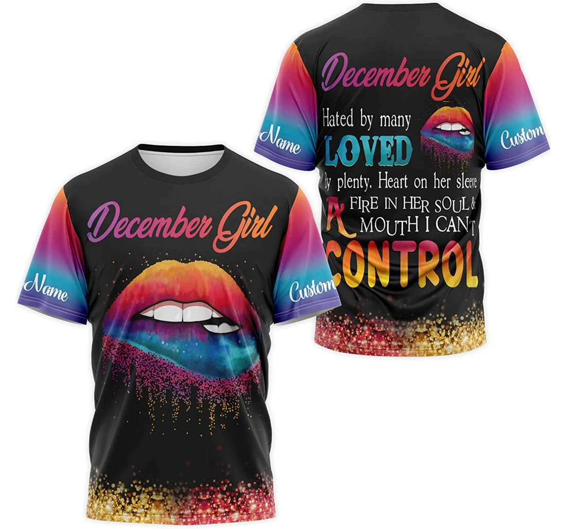 T-Shirt, Hoodie - Custom Name Colorful Lips December Girl Hated By Many Loved By Plenty Heart On Her Sleeve 3D Printed