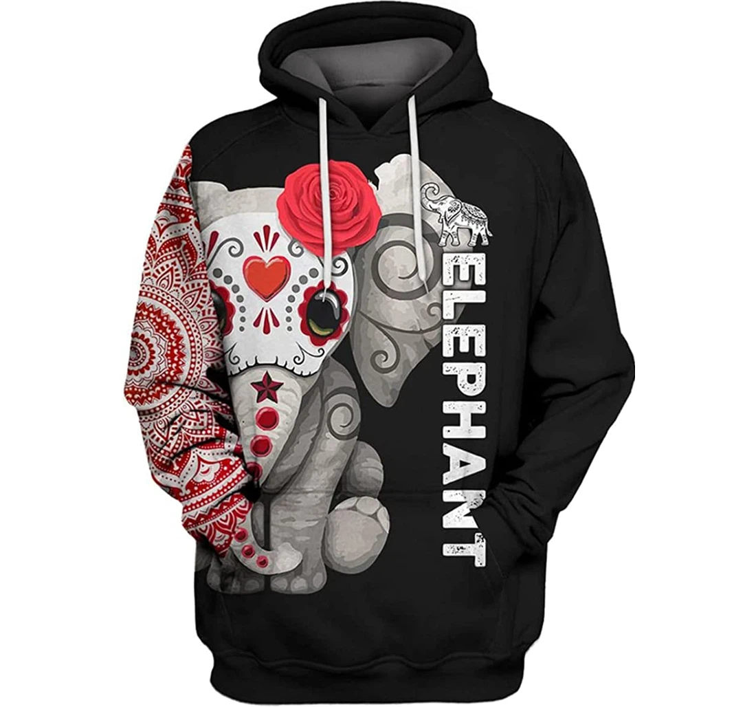 Elephant Wearing Sugar Skull Mask Love Flower - 3D Printed Pullover Hoodie