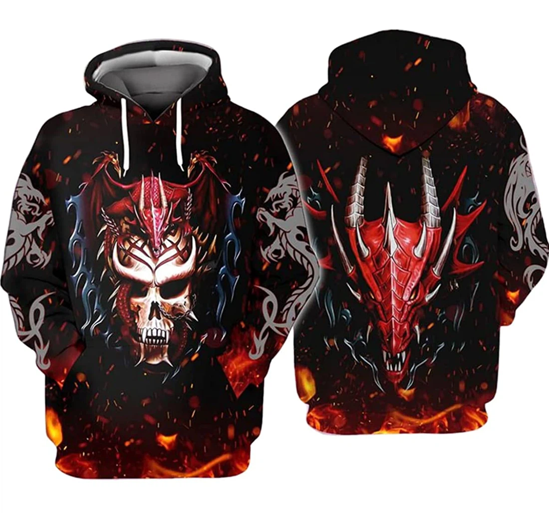 Red Dragon On Golden Skull - 3D Printed Pullover Hoodie