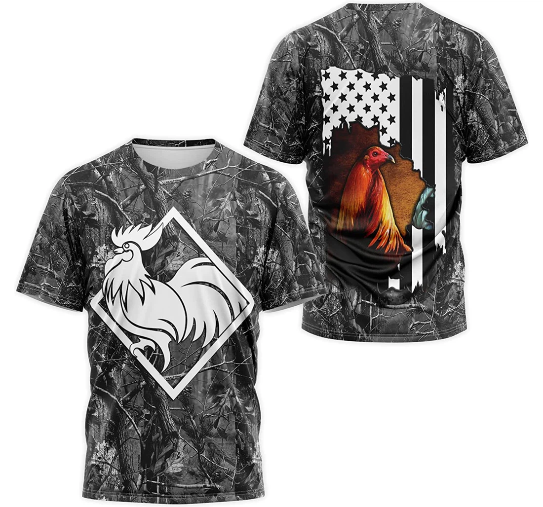 T-Shirt, Hoodie - Rooster Chicken American Flag Gray Tree Camo 3D Printed