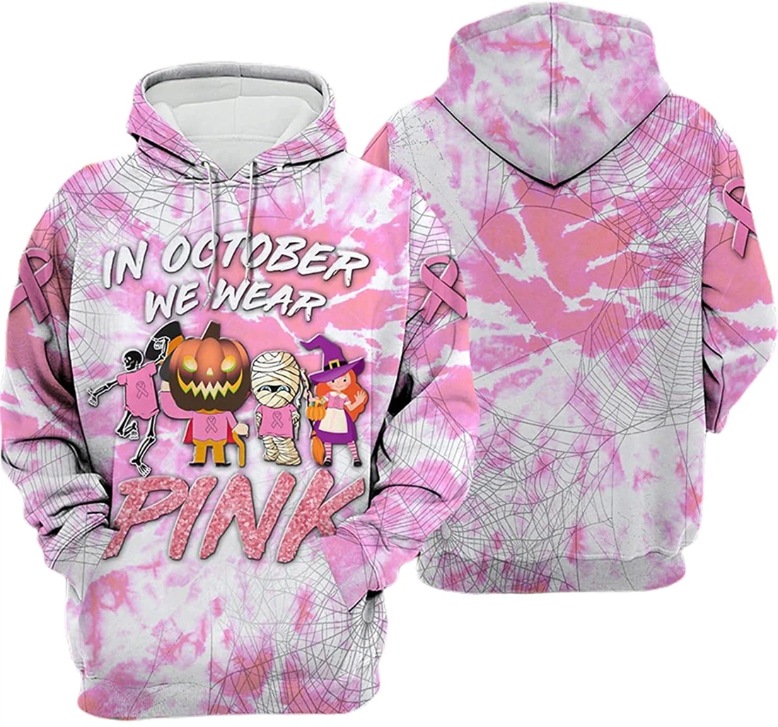 Halloween Breast Cancer In October We Wear Pink Pumpkin Witch Pattern Tie Dye Style - 3D Printed Pullover Hoodie