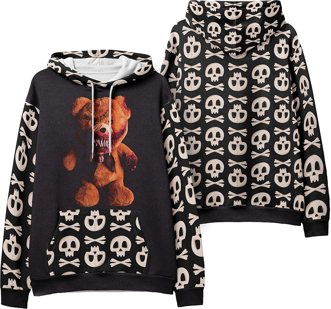 Monster Bear Skull Crossbones Seamless Pattern Halloween - 3D Printed Pullover Hoodie