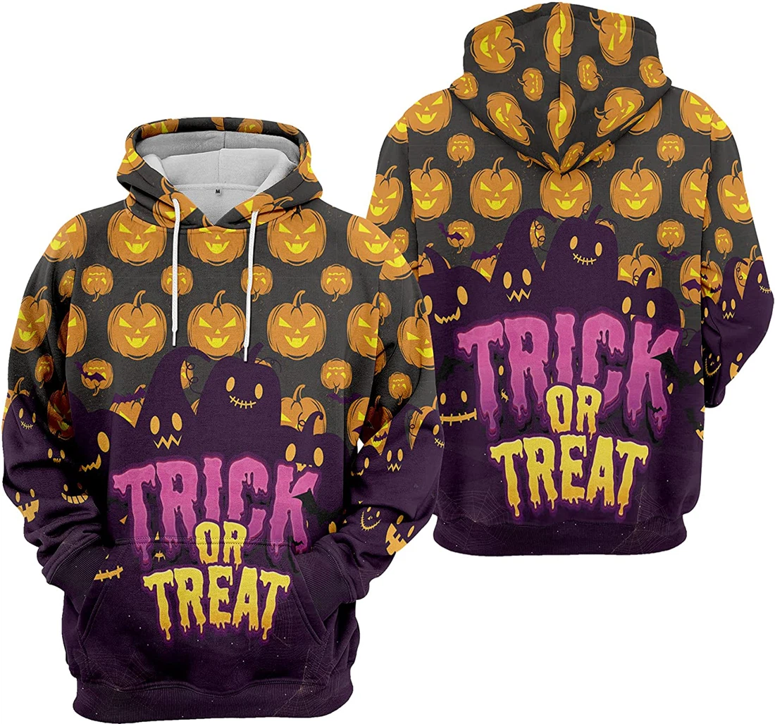 Pumpkin Trick Or Treat Cat Bat Cobweb Halloween - 3D Printed Pullover Hoodie