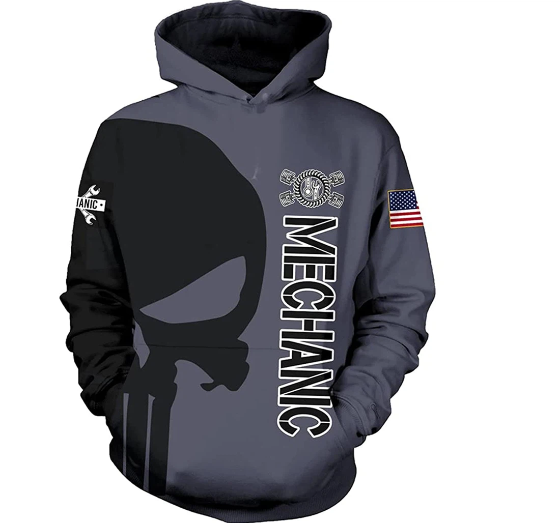 Mechanic Skull Usa Grey - 3D Printed Pullover Hoodie