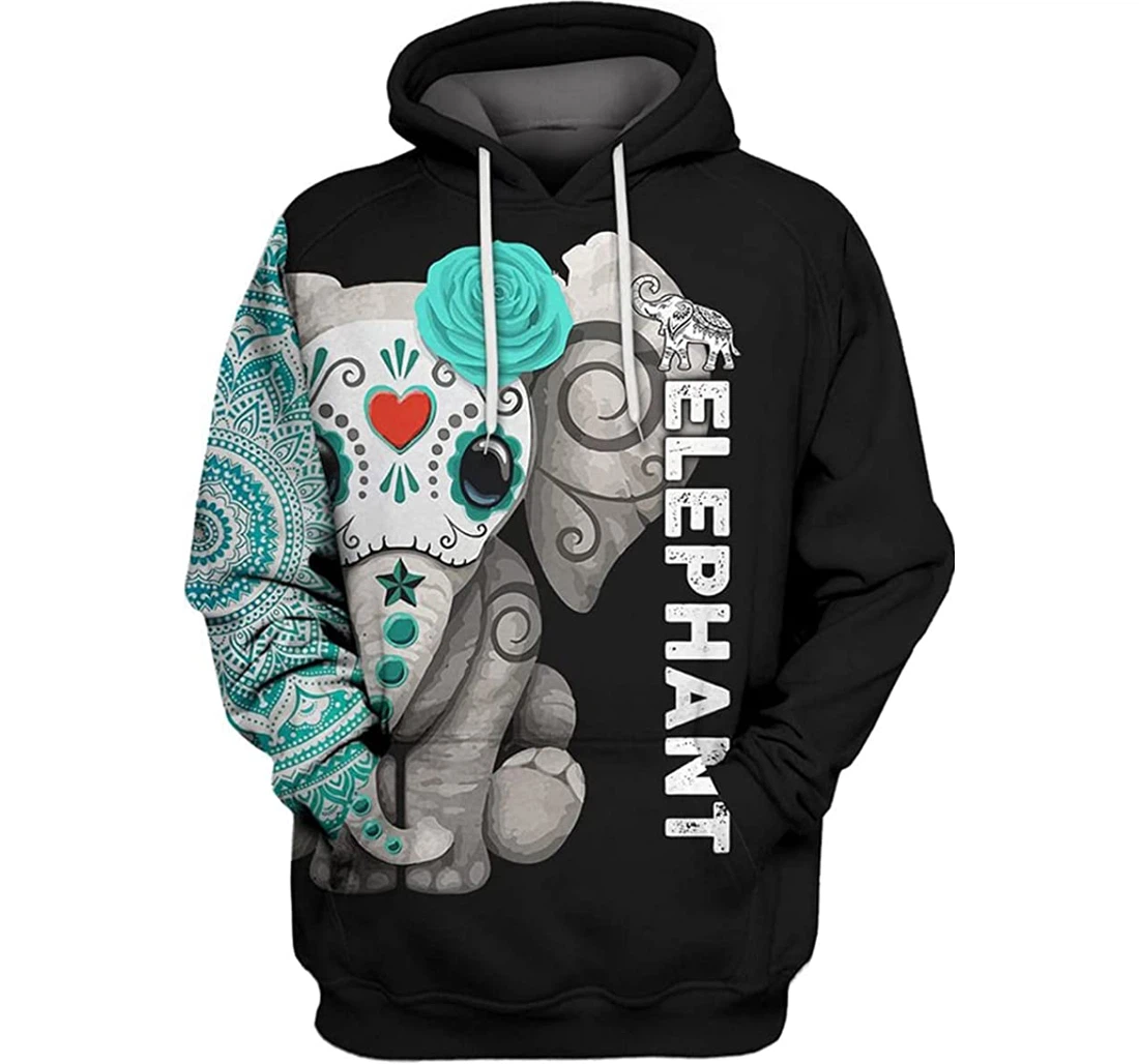 Elephant Wearing Sugar Skull Mask Flower - 3D Printed Pullover Hoodie