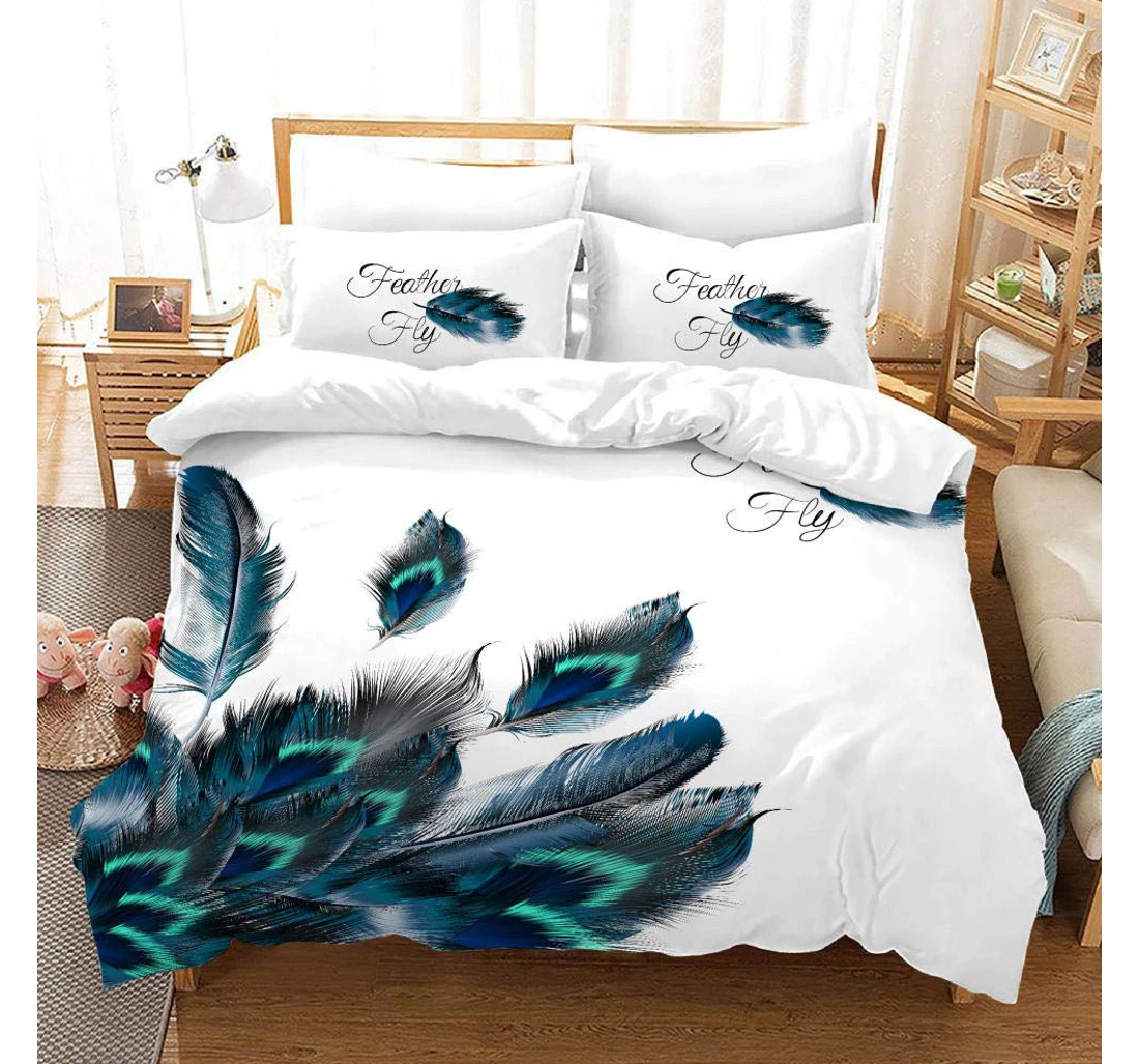 Personalized Bedding Set - Blue Feather Ornament Included 1 Ultra Soft Duvet Cover or Quilt and 2 Lightweight Breathe Pillowcases