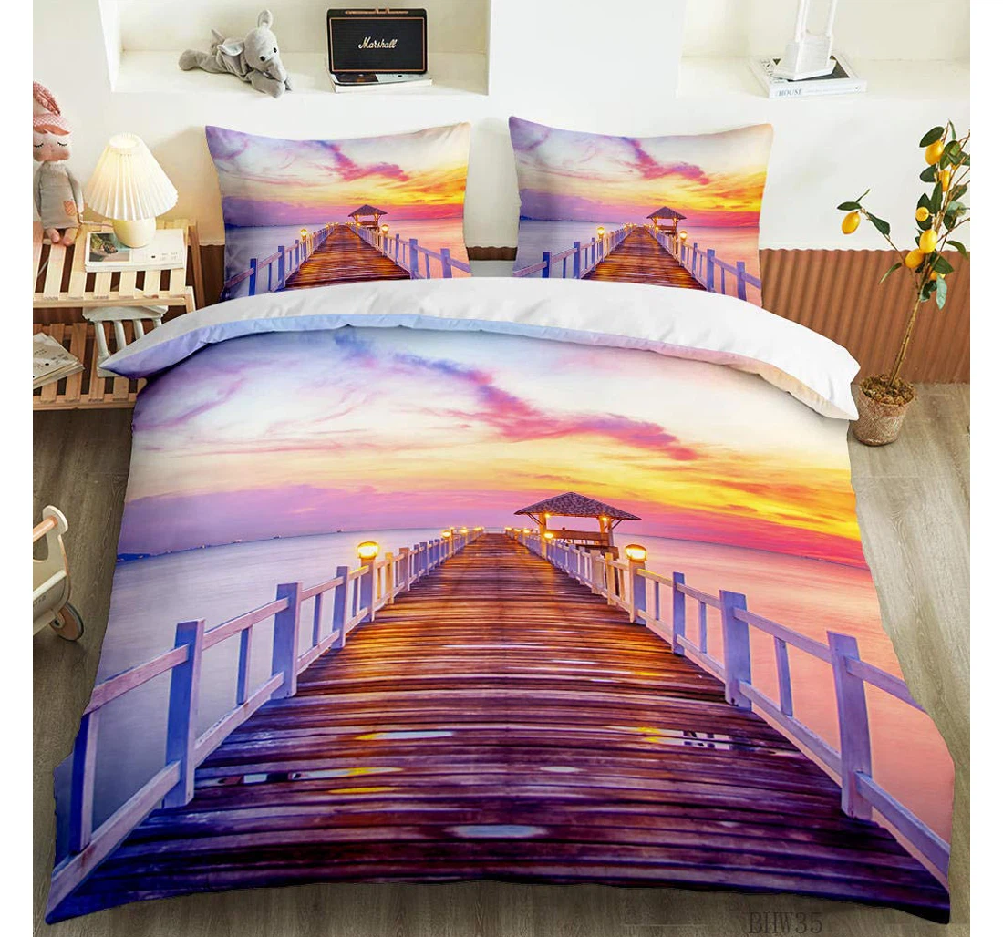 Personalized Bedding Set - Purple Wooden Bridge Included 1 Ultra Soft Duvet Cover or Quilt and 2 Lightweight Breathe Pillowcases