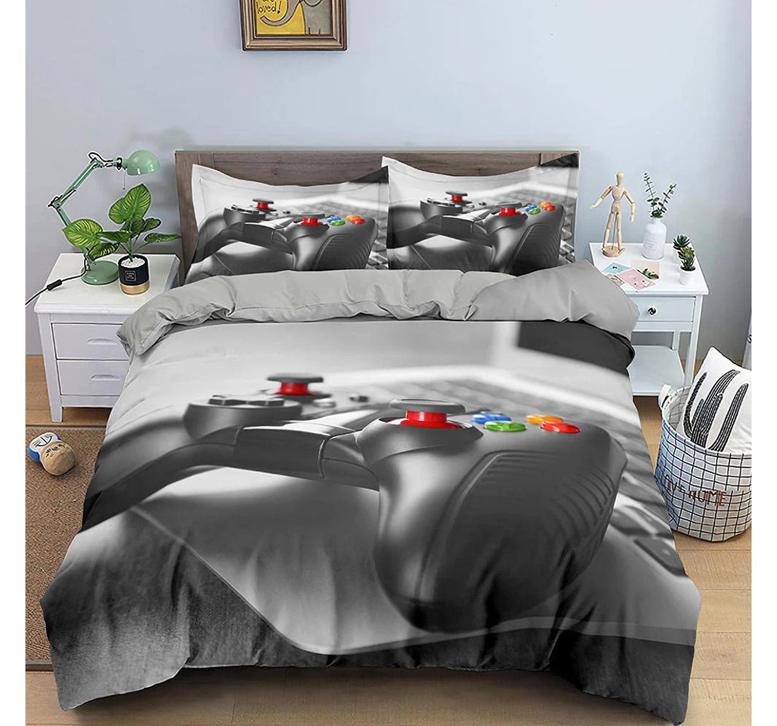 Bedding Set - Gray Gamepad Included 1 Ultra Soft Duvet Cover or Quilt and 2 Lightweight Breathe Pillowcases
