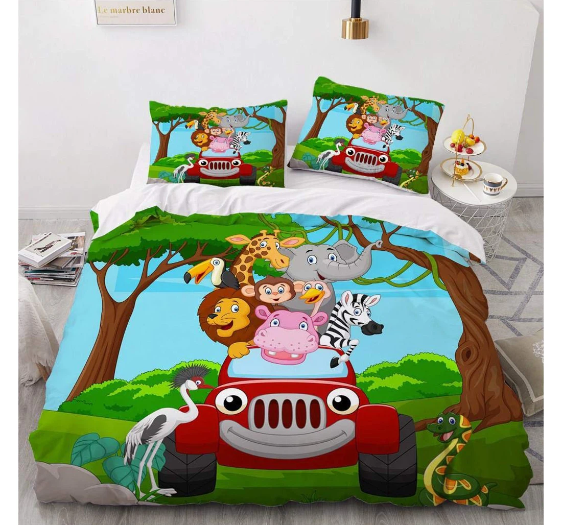 Personalized Bedding Set - Green Animated Animal World Men Women Included 1 Ultra Soft Duvet Cover or Quilt and 2 Lightweight Breathe Pillowcases