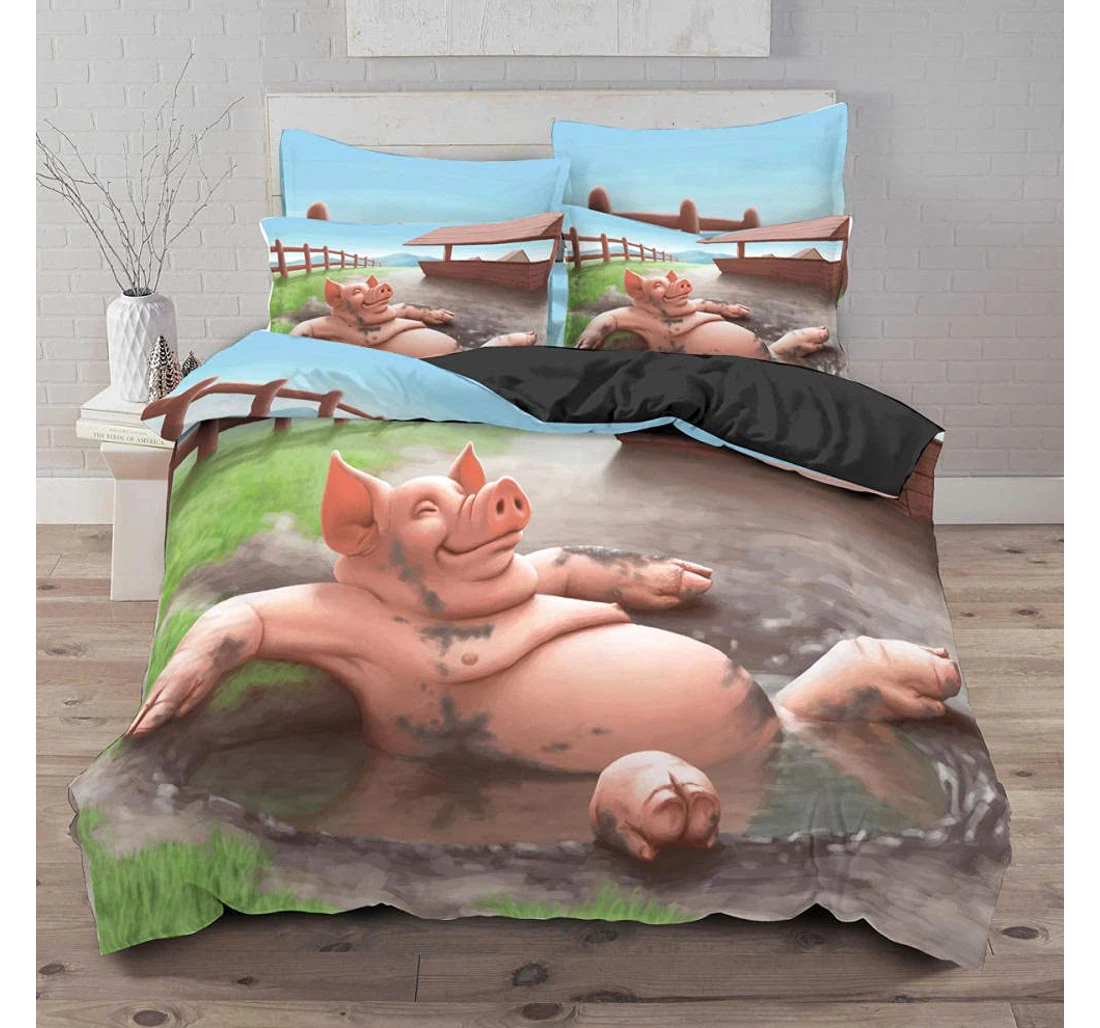 Personalized Bedding Set - Animal Pig Corner Ties Included 1 Ultra Soft Duvet Cover or Quilt and 2 Lightweight Breathe Pillowcases