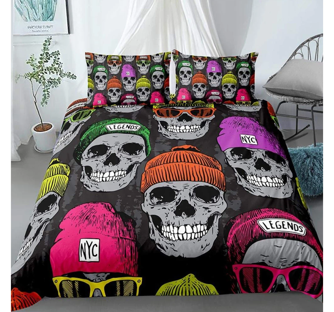 Bedding Set - Gray Skull Included 1 Ultra Soft Duvet Cover or Quilt and 2 Lightweight Breathe Pillowcases