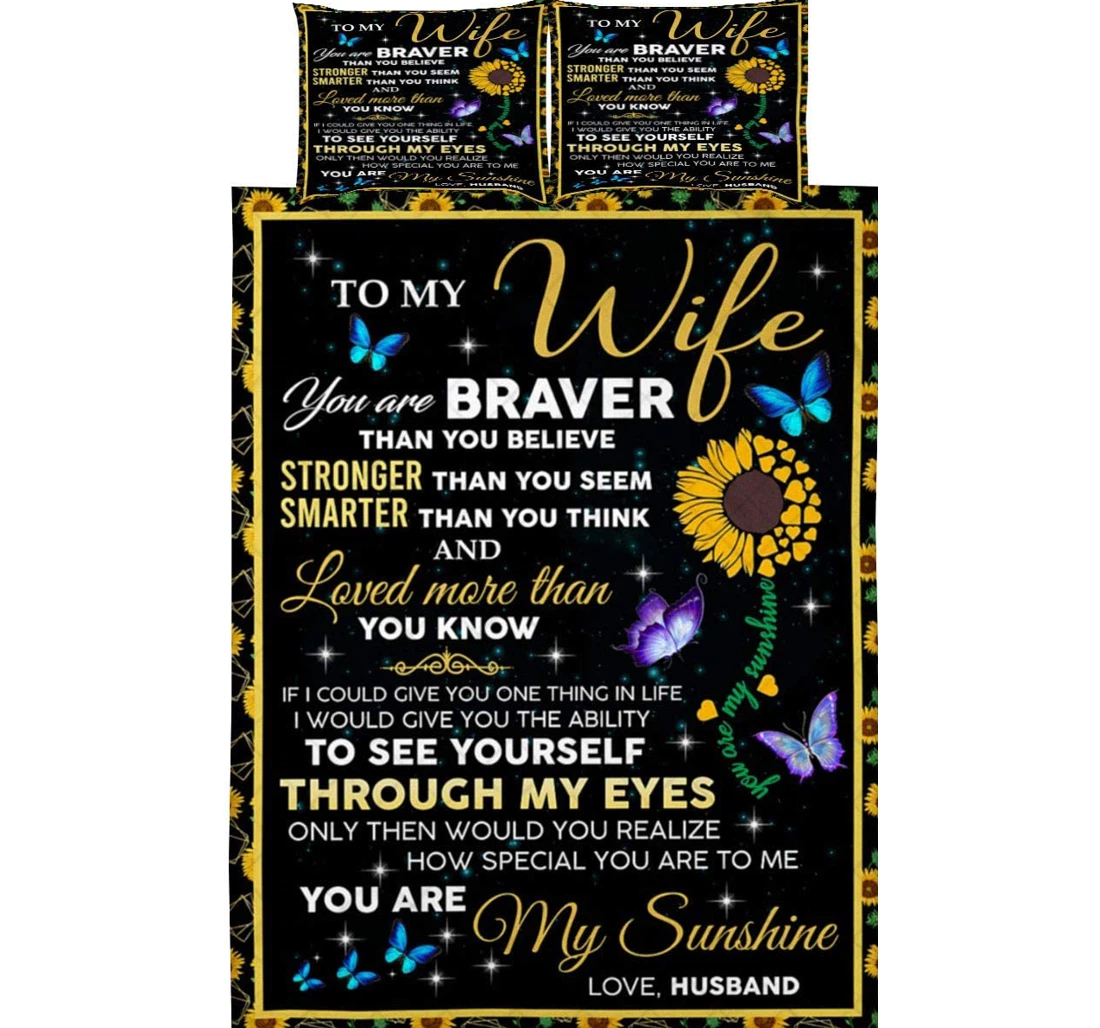 Personalized Bedding Set - Wife Sunflower Butterfly Loved More Than You Know Cozy Included 1 Ultra Soft Duvet Cover or Quilt and 2 Lightweight Breathe Pillowcases