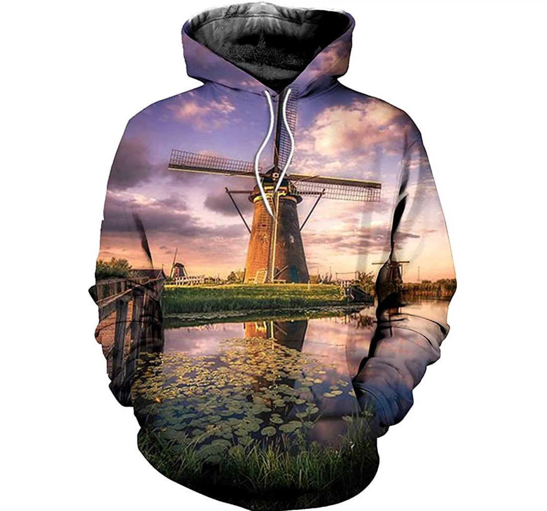 Windmill By The Lake - 3D Printed Pullover Hoodie