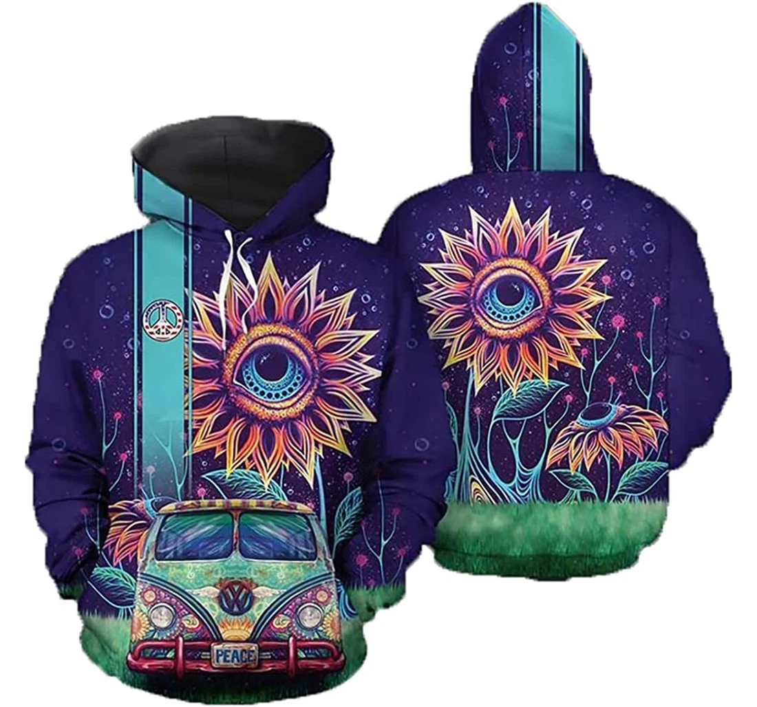 Hippie Sunflower Eyes Van Car - 3D Printed Pullover Hoodie