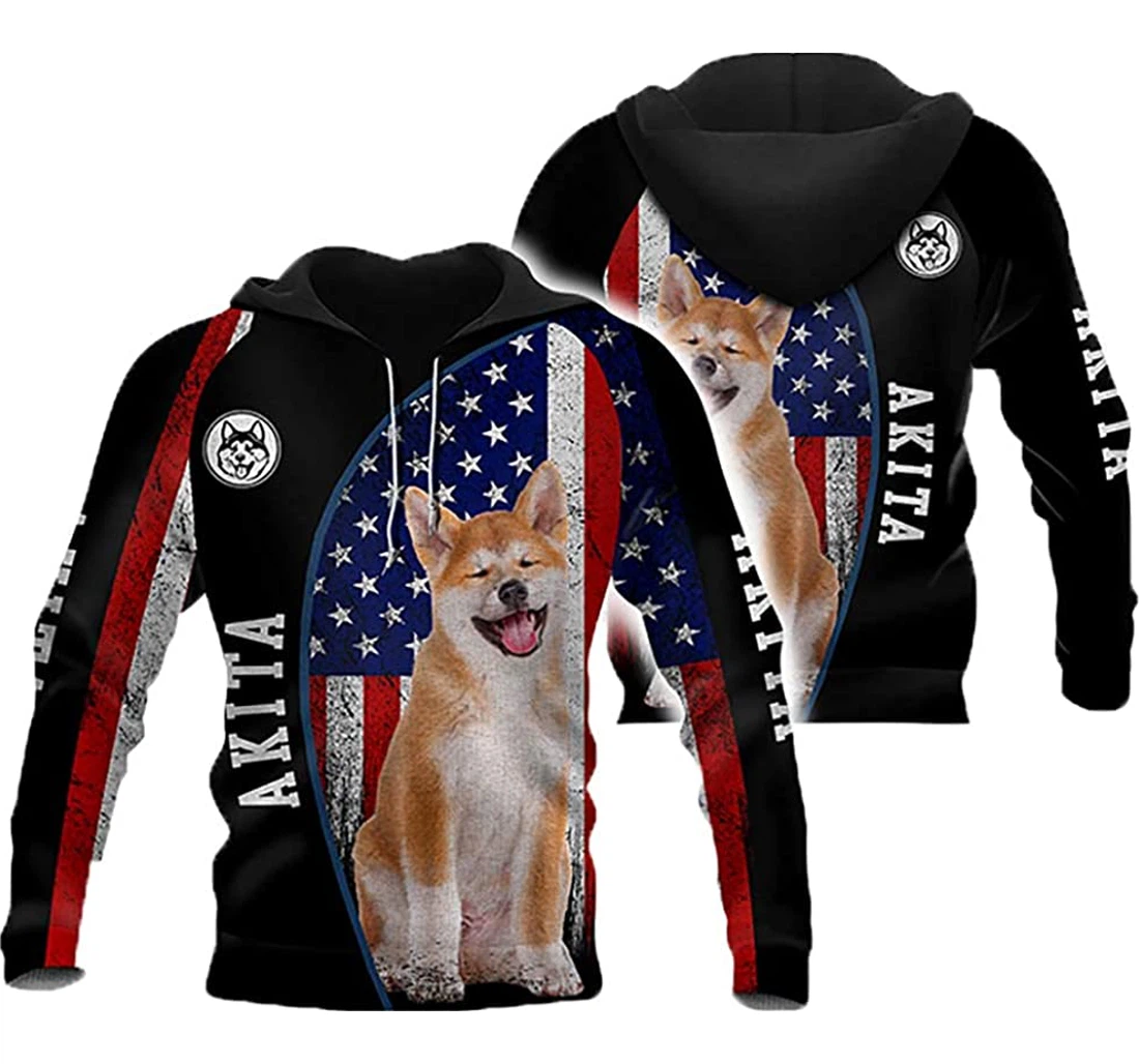 Akita Dog American Flag - 3D Printed Pullover Hoodie