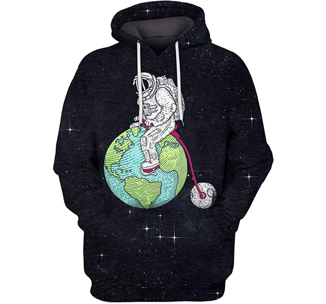 Astronaut Riding The Earth The Moon Outer Space - 3D Printed Pullover Hoodie