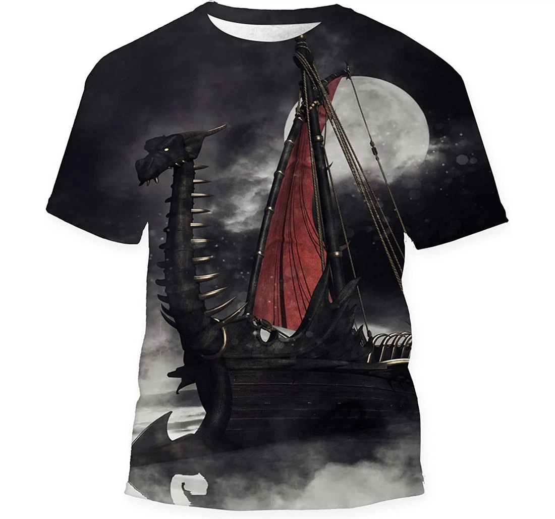 Night Scene Viking Ship Shape Dragon - 3D Printed T-shirt, Long Sleeves Shirt