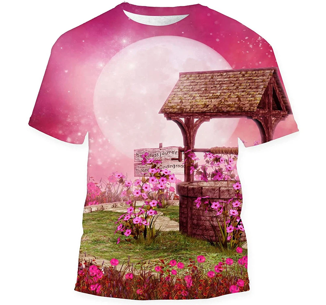 Old Well Flowering Vines Pink Scenery - 3D Printed T-shirt, Long Sleeves Shirt