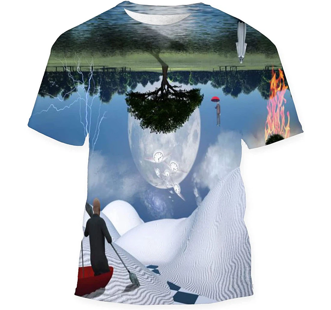 Surreal Painting Man Red Umbrella Floating - 3D Printed T-shirt, Long Sleeves Shirt