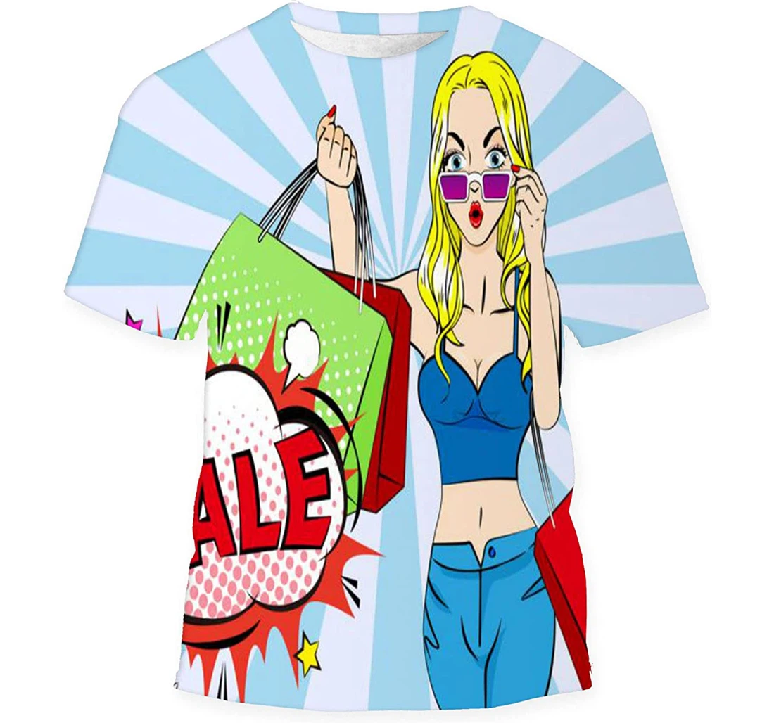 Pop Cartoon Woman Shopping Bag - 3D Printed T-shirt, Long Sleeves Shirt