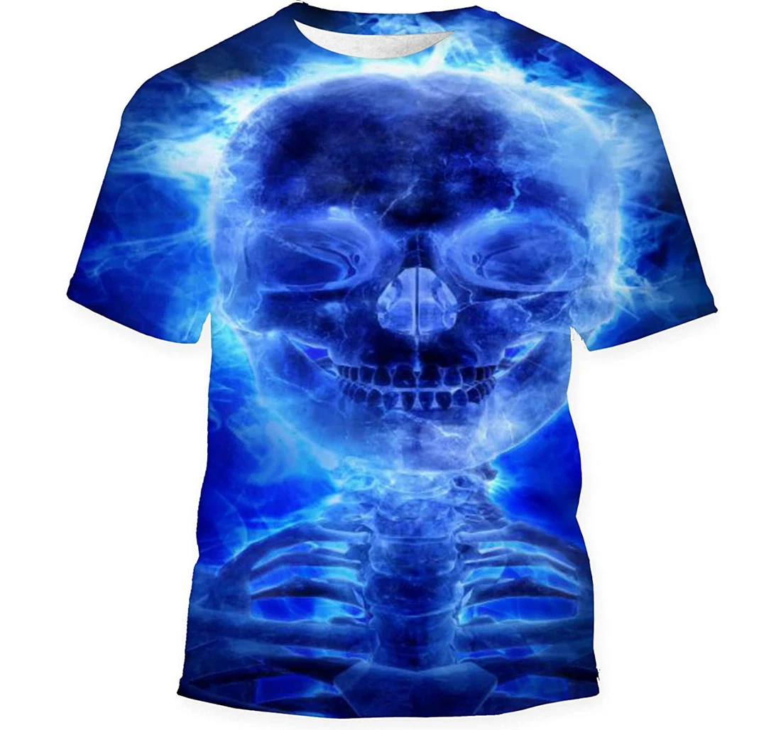 Blue Flaming Skull Abstract Background - 3D Printed T-shirt, Long Sleeves Shirt