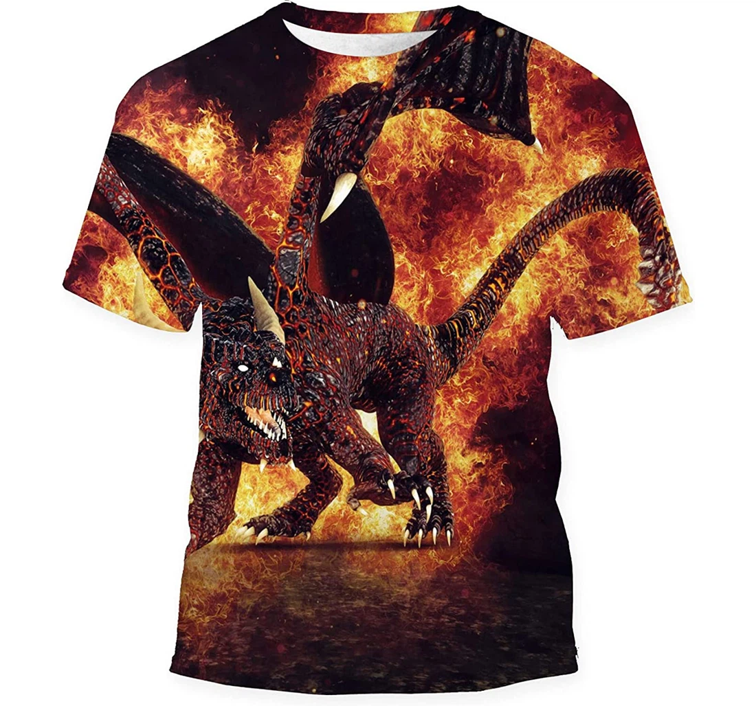 Night Scene Fiery Dragon Standing Flames - 3D Printed T-shirt, Long Sleeves Shirt