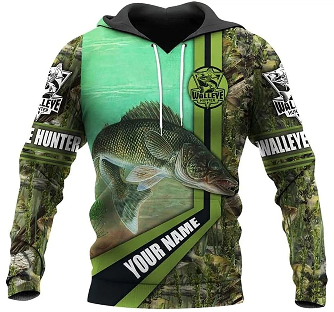 Personalized Name Walleye Fishing Green Camo Pattern 2 Included - 3D Printed Pullover Hoodie