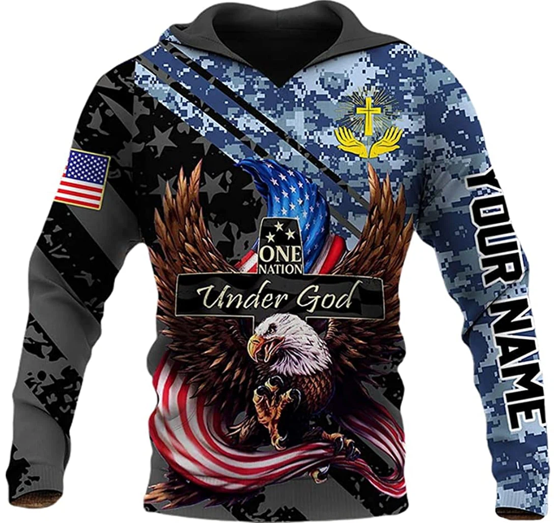 Personalized Name Us Eagle Blue Camo Pattern One Nation Under God Us Flag Included - 3D Printed Pullover Hoodie