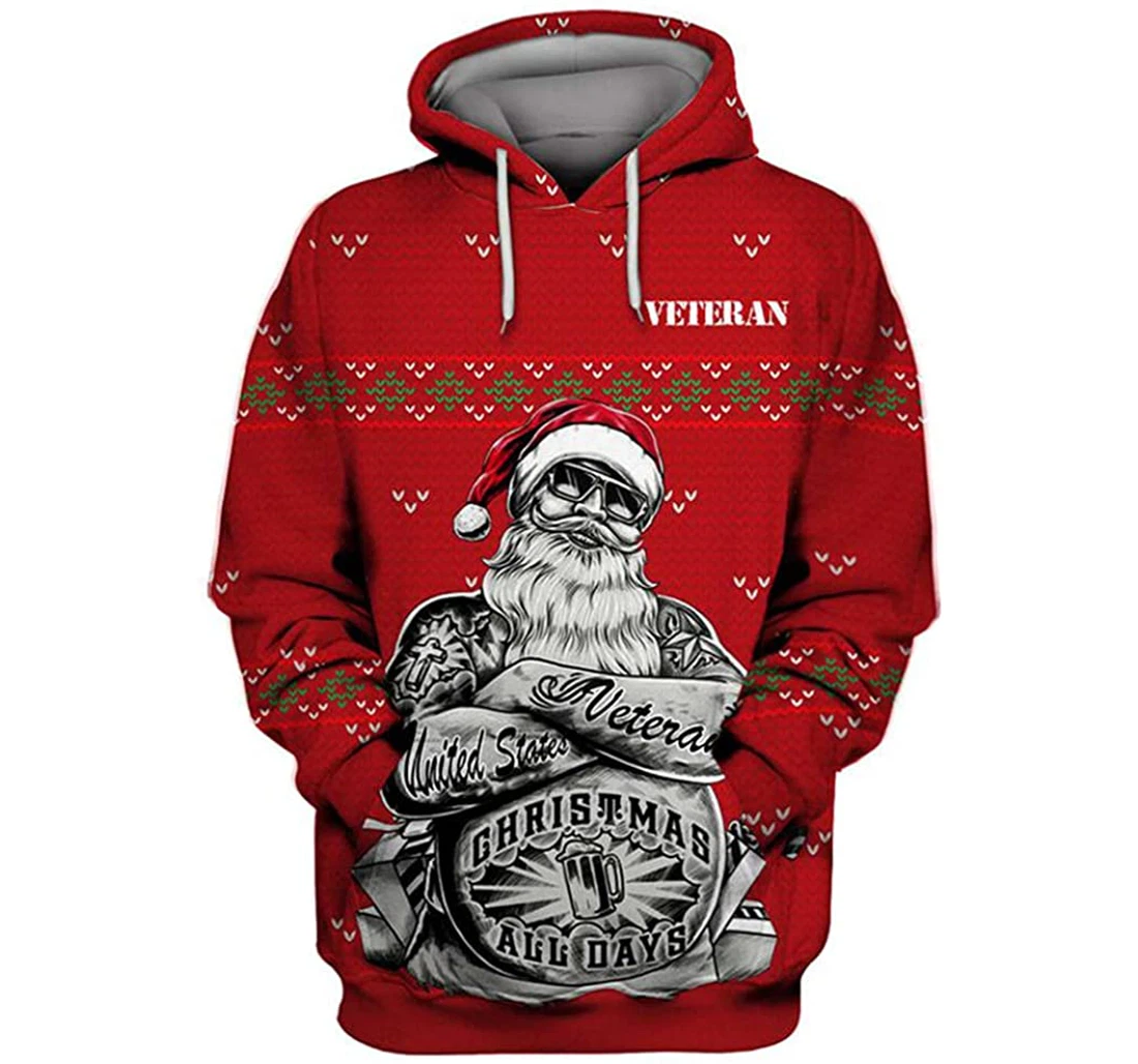 Us Veteran Santa Claus Christmas All Day Style Red Background Included - 3D Printed Pullover Hoodie