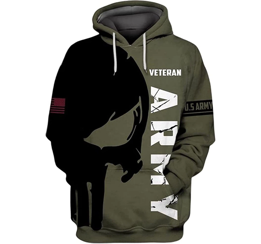 Us Army Veteran Skull Flag Green Moss Background Included - 3D Printed Pullover Hoodie