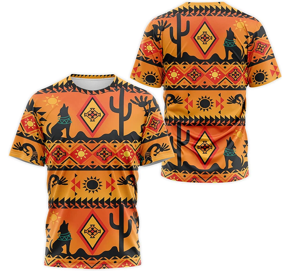 T-Shirt, Hoodie - Native American Kokopelli Cactus Howling Wolf Geometric Seamless Pattern Orange 3D Printed