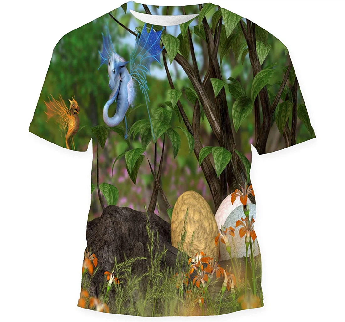 Parent Child Fairy Dragon Hunting Eggs - 3D Printed T-shirt, Long Sleeves Shirt