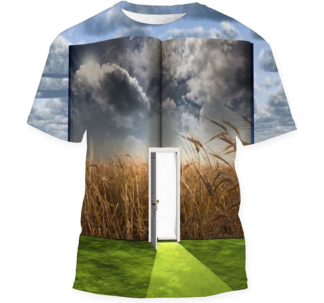 Surrealism Book Opened Door Fields Wheat - 3D Printed T-shirt, Long Sleeves Shirt