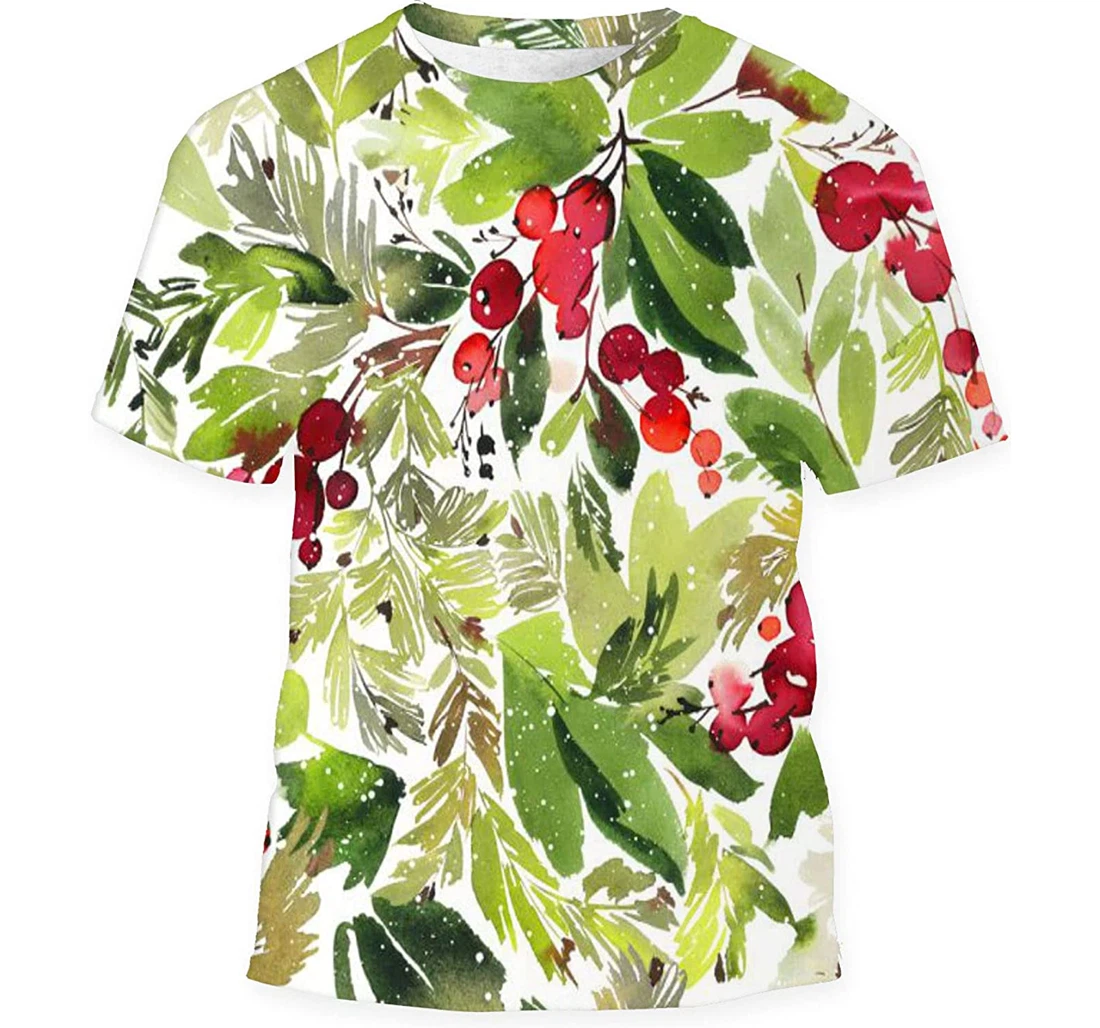 Watercolor Christmas Berries Spruce - 3D Printed T-shirt, Long Sleeves Shirt