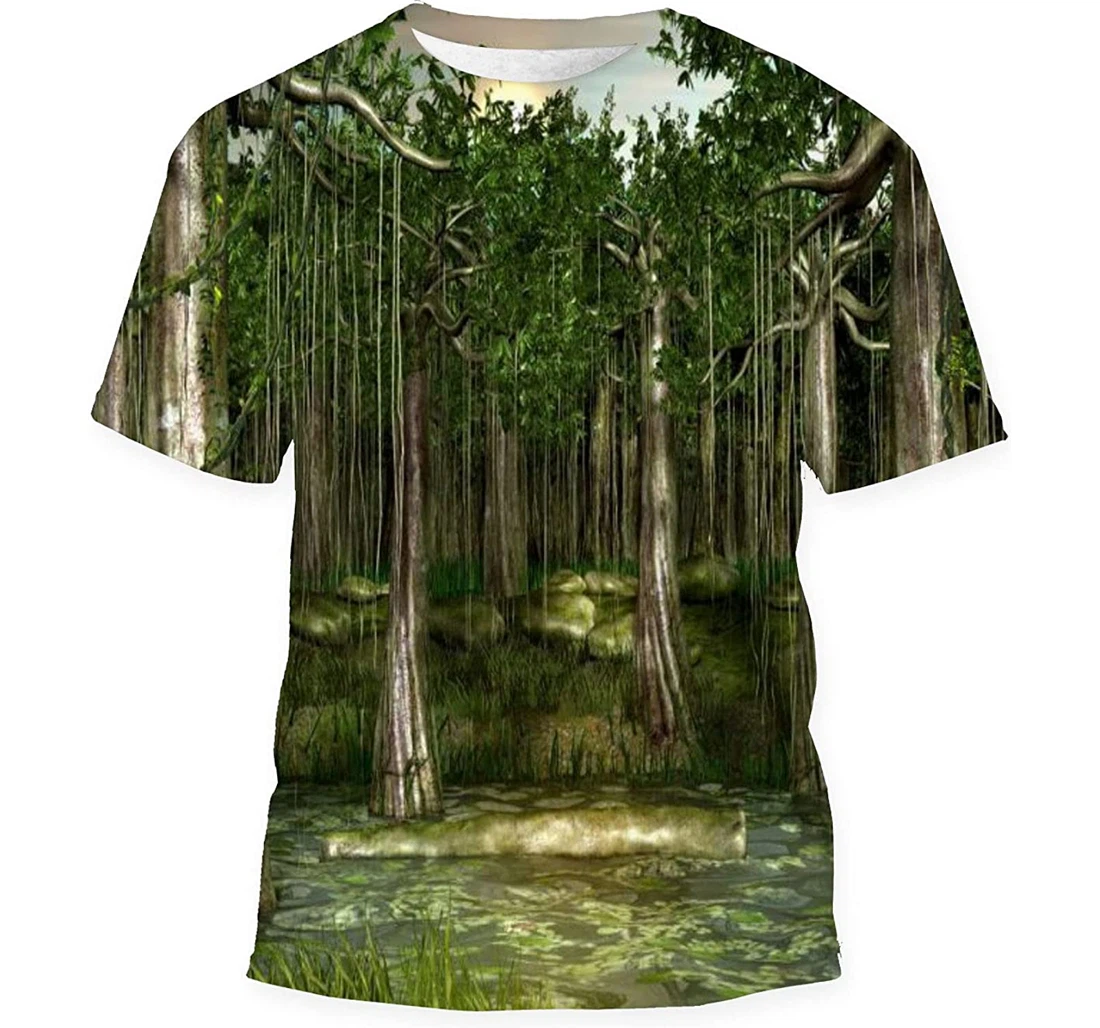 Swamp Forested Wetland View During Sunset - 3D Printed T-shirt, Long Sleeves Shirt