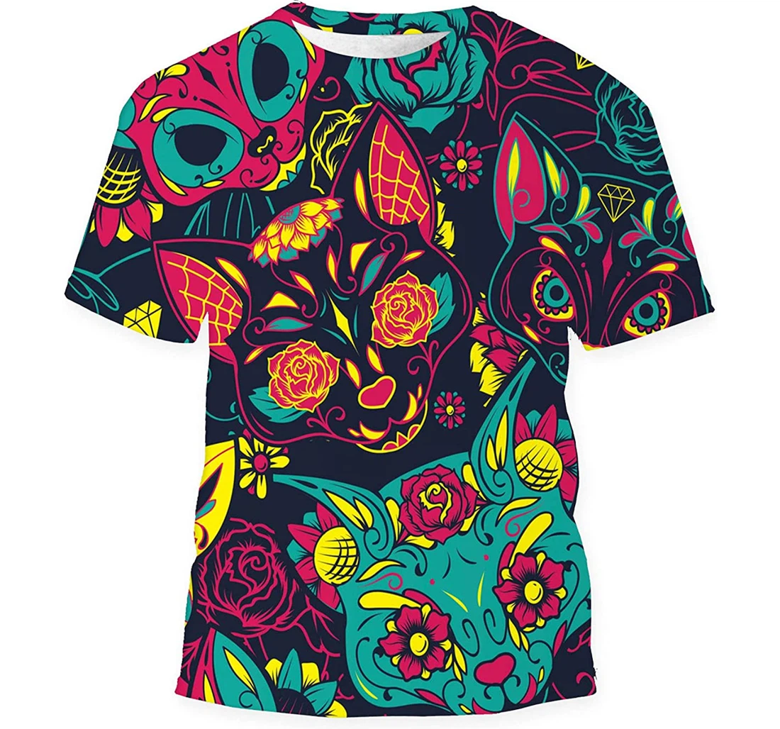 Day Dead Colorful Sugar Cat Skull - 3D Printed T-shirt, Long Sleeves Shirt