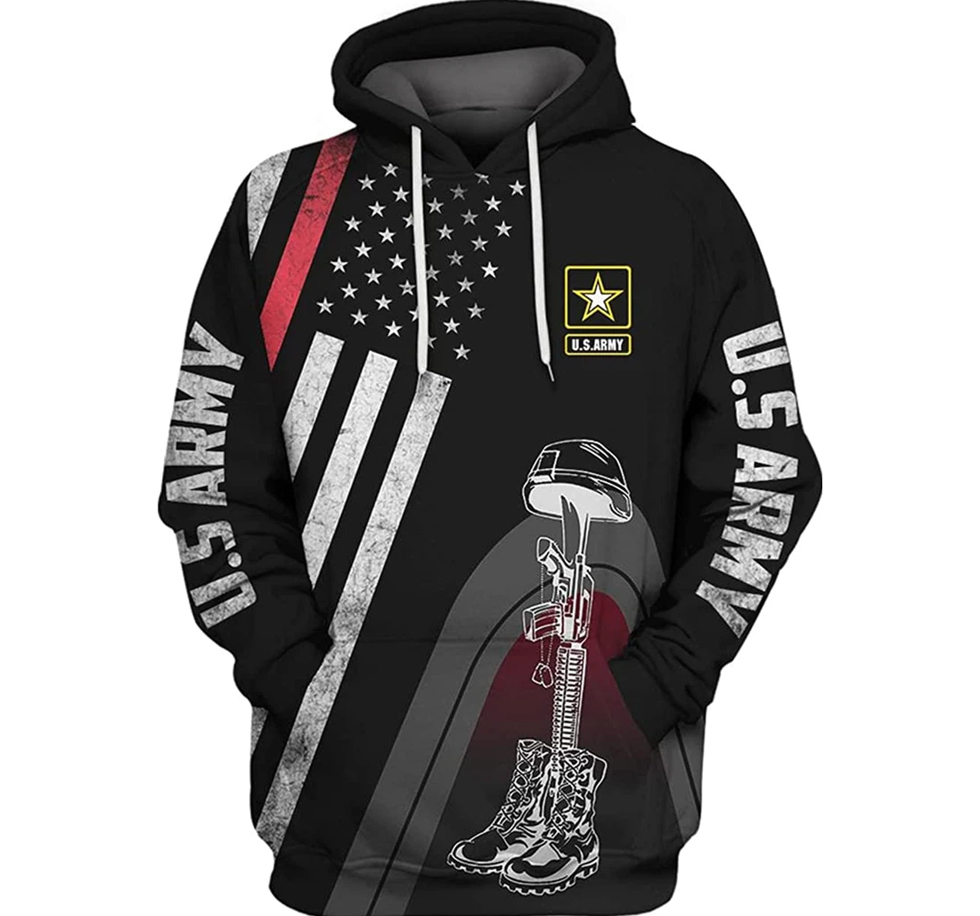 Us Army Flag Red Thin Line Boots Soldiers Included - 3D Printed Pullover Hoodie