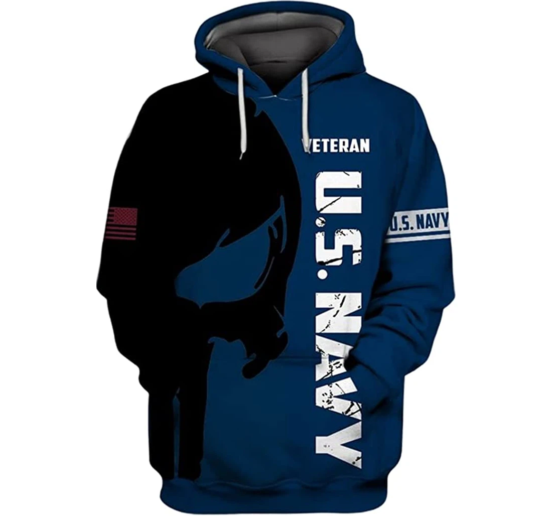 Us Navy Veteran Flag Skull Blue Background Included - 3D Printed Pullover Hoodie